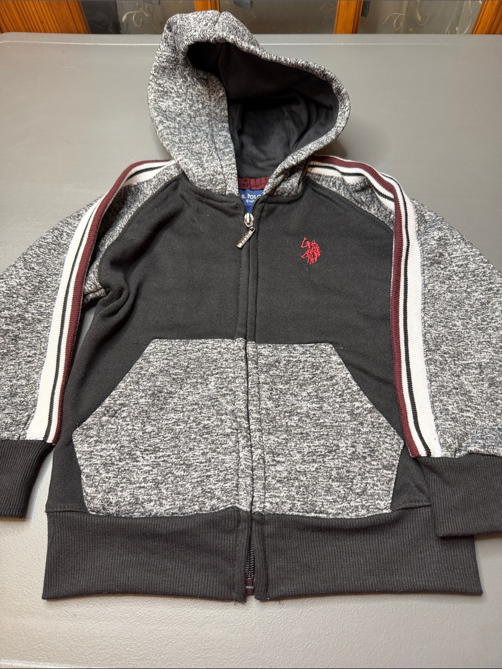 Kid’s U.S. Polo Assn. Boys' Black & Heather Gray Zip Hoodie. Size: 4